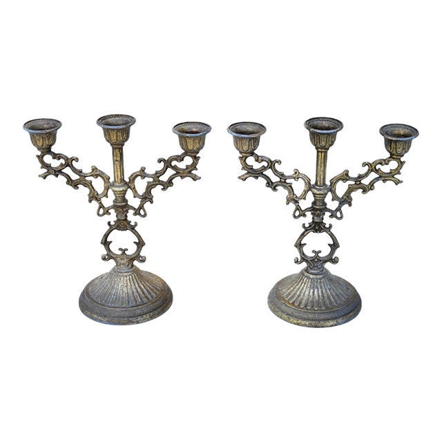 Late 19th Century Handcrafted & Engraved Italian Brass Candlesticks - S/2 For Sale