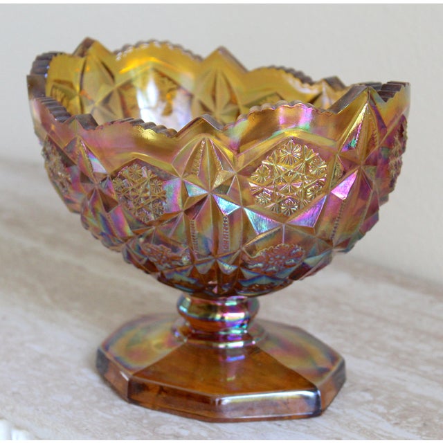 1970s Vintage l.e. Smith Heritage Amber Carnival Glass Oval Pedestal Compote Bowl For Sale - Image 5 of 13
