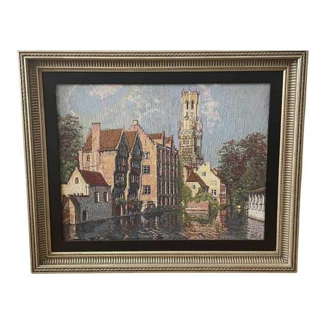 Elegant European tapestry depicting the historic canals of Bruges, Belgium, featuring the iconic Belfry tower. Woven...