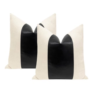 22" Noir Faux Leather Panel + Linen Pillows - a Pair For Sale