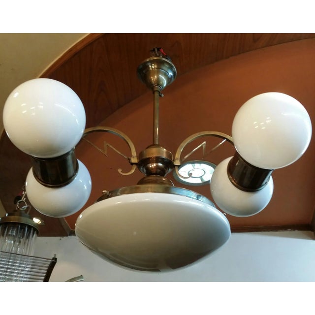 Metal 1940s Vintage Art Deco Brass Chandelier in Milk Glass Shade Lamp For Sale - Image 7 of 7