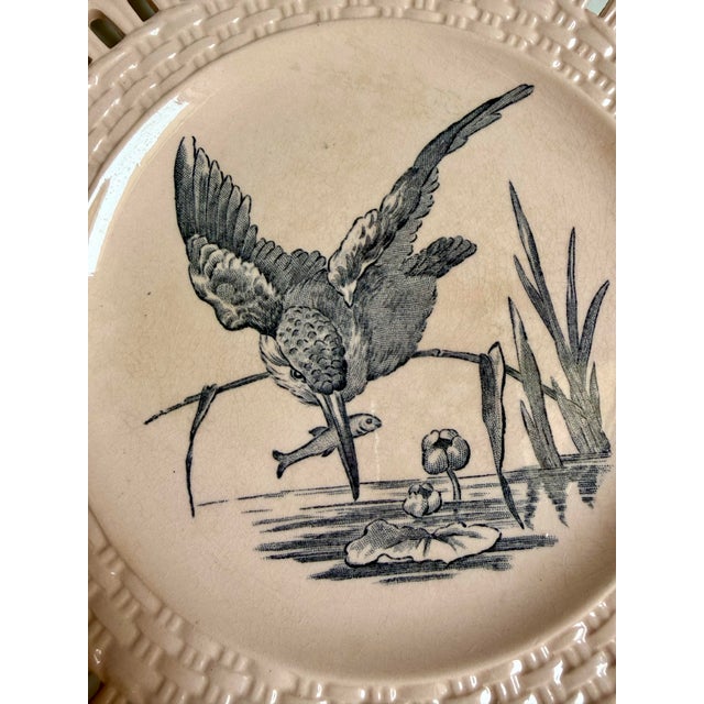 Traditional Pair of Longwy "Marly" Earthenware Plates With Brown and Blue Transferware and a Pierced Basketweave Border For Sale - Image 3 of 9