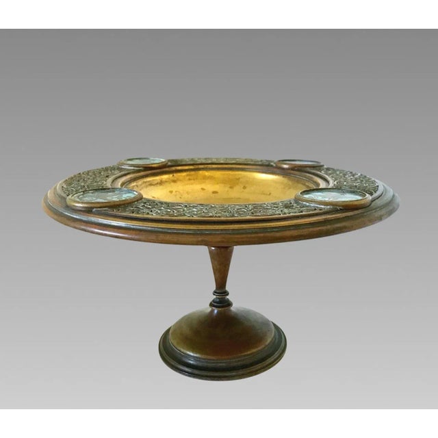 Traditional Antique Persian Reticulated Brass & Enamel Turquoise Cloisonné Tazza / Centre Piece / Sweet Stand With Blue Birds For Sale - Image 3 of 11