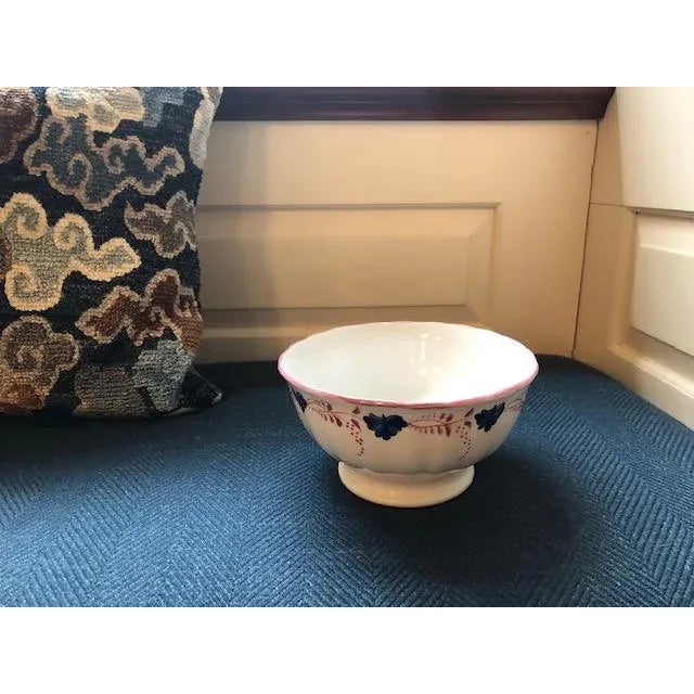Sweet and pristine 6-inch round 19th Century English antique pink lustreware bowl. White bowl with delicate pink and blue...