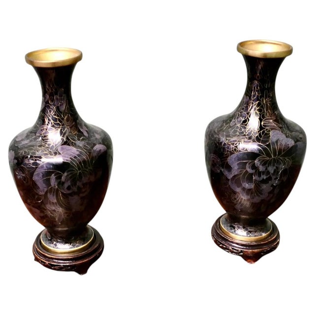Black Vintage Black Cloisonné Baluster Vases on Stands, 1920, Set of 2 For Sale - Image 8 of 8