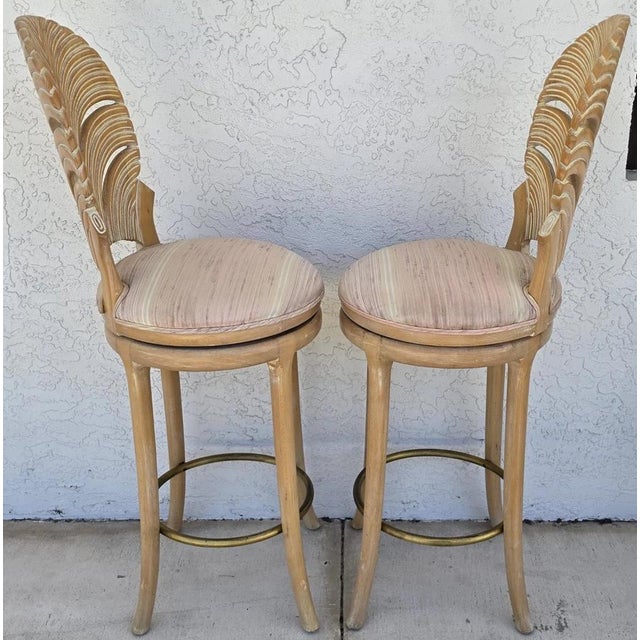 Modern Vintage Venetian Grotto Style Carved Wood Palm Leaf Barstools Set of 2 For Sale - Image 3 of 15