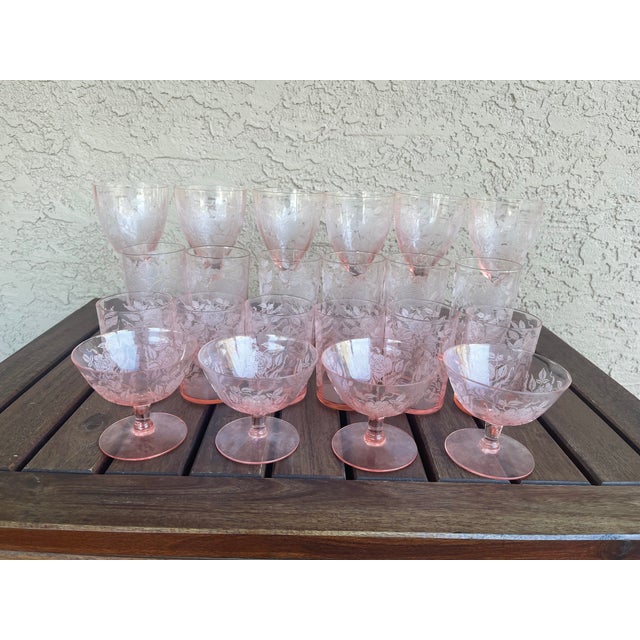 Art Deco Vintage Cambridge Glass Company’s Dresden Rose Pink Pattern Glassware - Setting for 6 For Sale - Image 3 of 9
