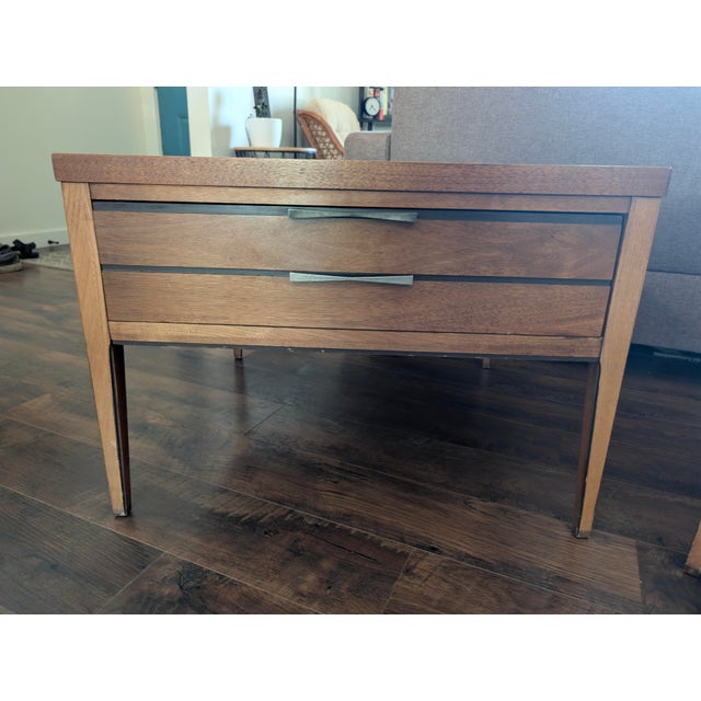Stunning, highly collectible pair of Mid-Century Modern "Tuxedo" line end tables by Lane Furniture. Designed in the 1960s,...