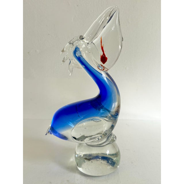 Murano Glass Sommerso Blown Glass Blue Pelican Art Sculpture With Red Fish, Murano Style For Sale - Image 4 of 7