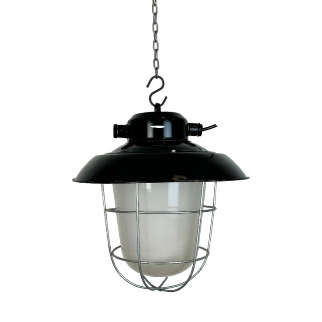 Industrial Black Enamel Factory Hanging Lamp from Elektrosvit, 1960s For Sale