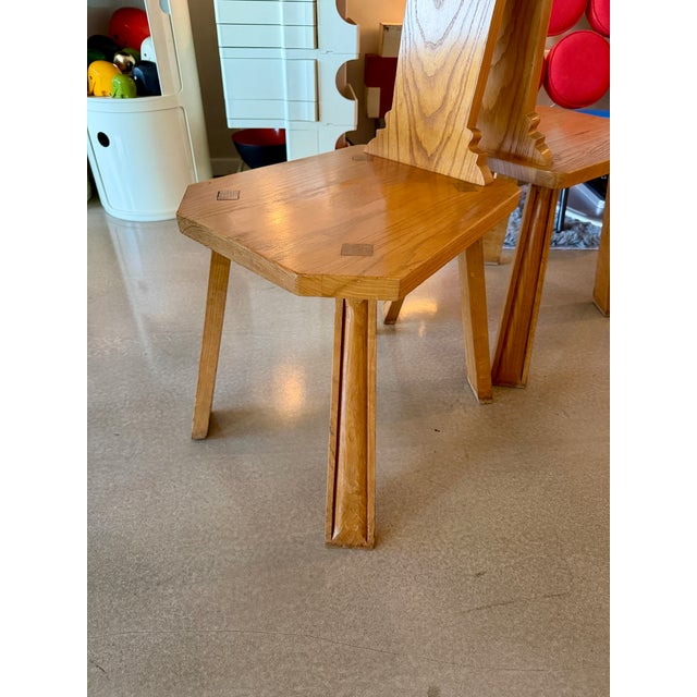 Vintage Mid-Century Alpine French Brutalist Carved Oak Side Chairs Pair Wabi Sabi Style For Sale - Image 14 of 18