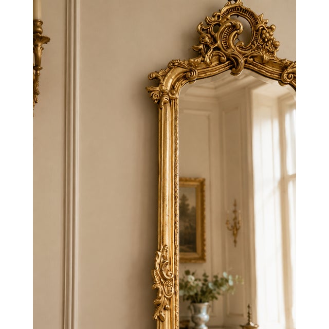 1970s 1970s French Rococo Gold Wood Floor Mirror For Sale - Image 5 of 13