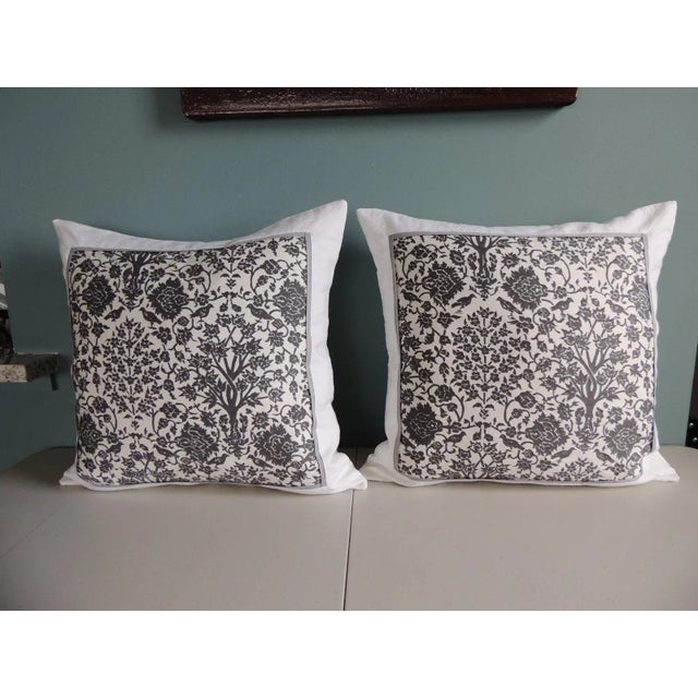 Pair of Vintage Fortuny "Alderelli" fabric in midnight and white decorative square pillows. White linen backing and...