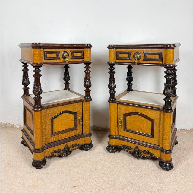 Brown French Empire Style Marble-Top Nightstands with Cabinet Doors, 1940, Set of 2 For Sale - Image 8 of 12