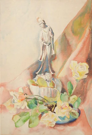 Mid Century Still Life Painting With Yellow Roses