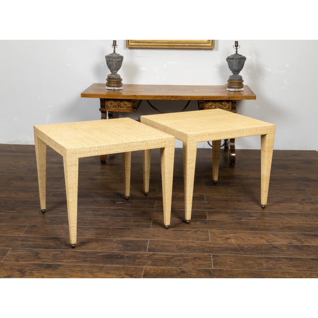 Mid 20th Century Pair of Baker Furniture Midcentury Wicker Side Tables with Tapered Legs For Sale - Image 5 of 10