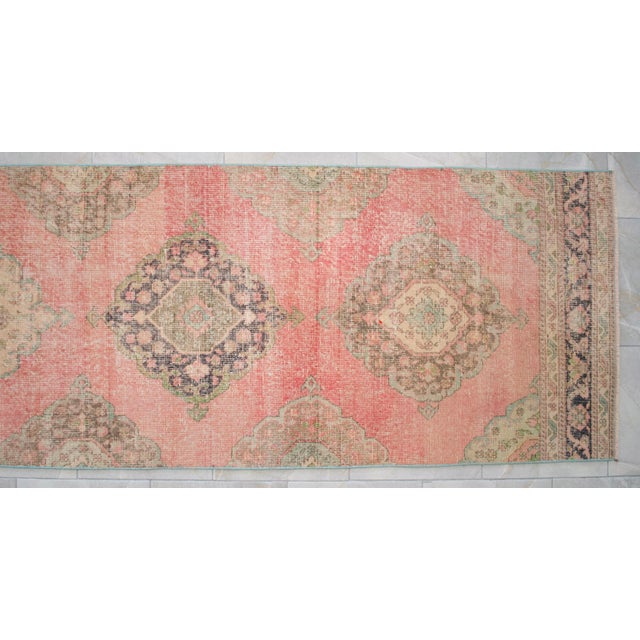 Long Turkish Hallway Runner 3x13, Muted Pink and Green Oushak Rug, Hand Knotted Vintage Runner, Mid-Century Entryway Rug For Sale - Image 12 of 15