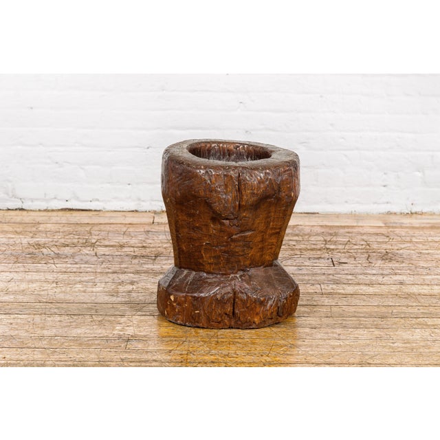 19th Century Rustic Teak Wood Mortar Urn, Antique Planter for Vintage Home Decor For Sale - Image 10 of 12