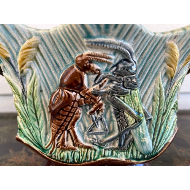 Pair Antique French Majolica Jardinières Insect Musician Cache Pot Planter C1880 For Sale - Image 13 of 18