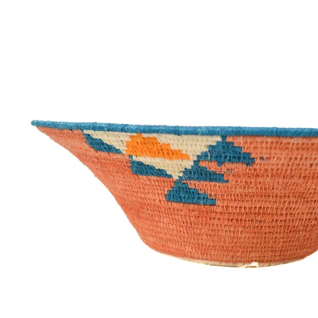 African Early 20th Century Sisal Handwoven Orange and Teal Basket Eswatini 13inch For Sale - Image 3 of 6
