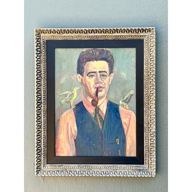 Vintage Original Oil Portrait of Man With Birds For Sale - Image 12 of 12