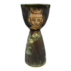 Mid 20th Century Pirjo Nylander Finland Signed Green Figural King Studio Pottery Chalice Goblet