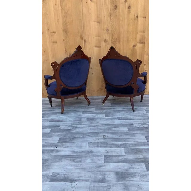 Antique Victorian Eastlake Hand Carved Walnut with Burled Walnut His/Her Tufted Armchairs Newly Reupholstered in Plush...