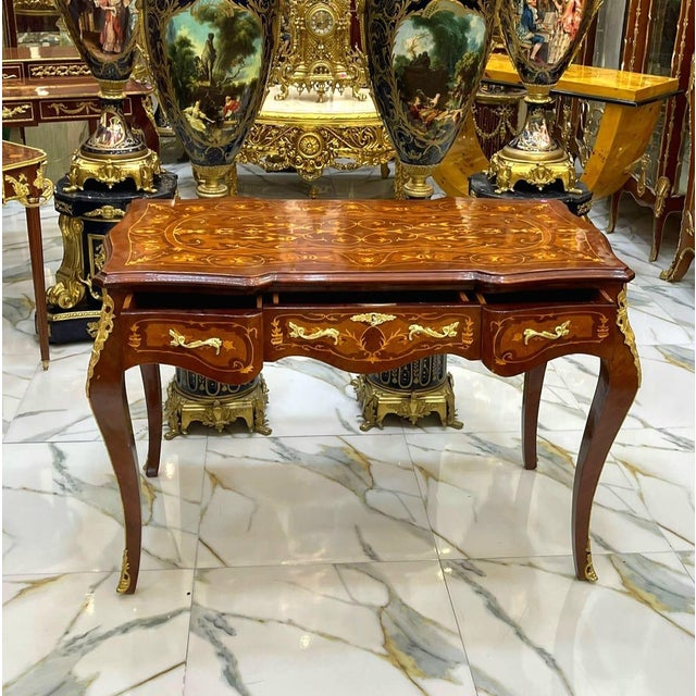 French French Style Console Table / Desk – Brown Finish With Gold Leaf For Sale - Image 3 of 6