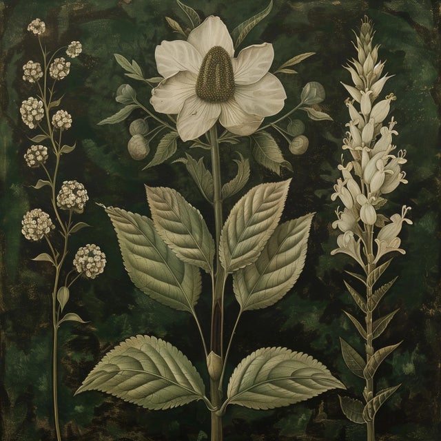 Grisaille Dark Green Flowers - Botanical Fine Art Print Dimensions: Print size (in): 18 x 18 (additional white borders for...