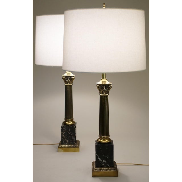 Metal 1960's Westwood Neoclassical Hollywood Regency Corinthan Column Marble Brass Table Lamps - a Pair For Sale - Image 7 of 11