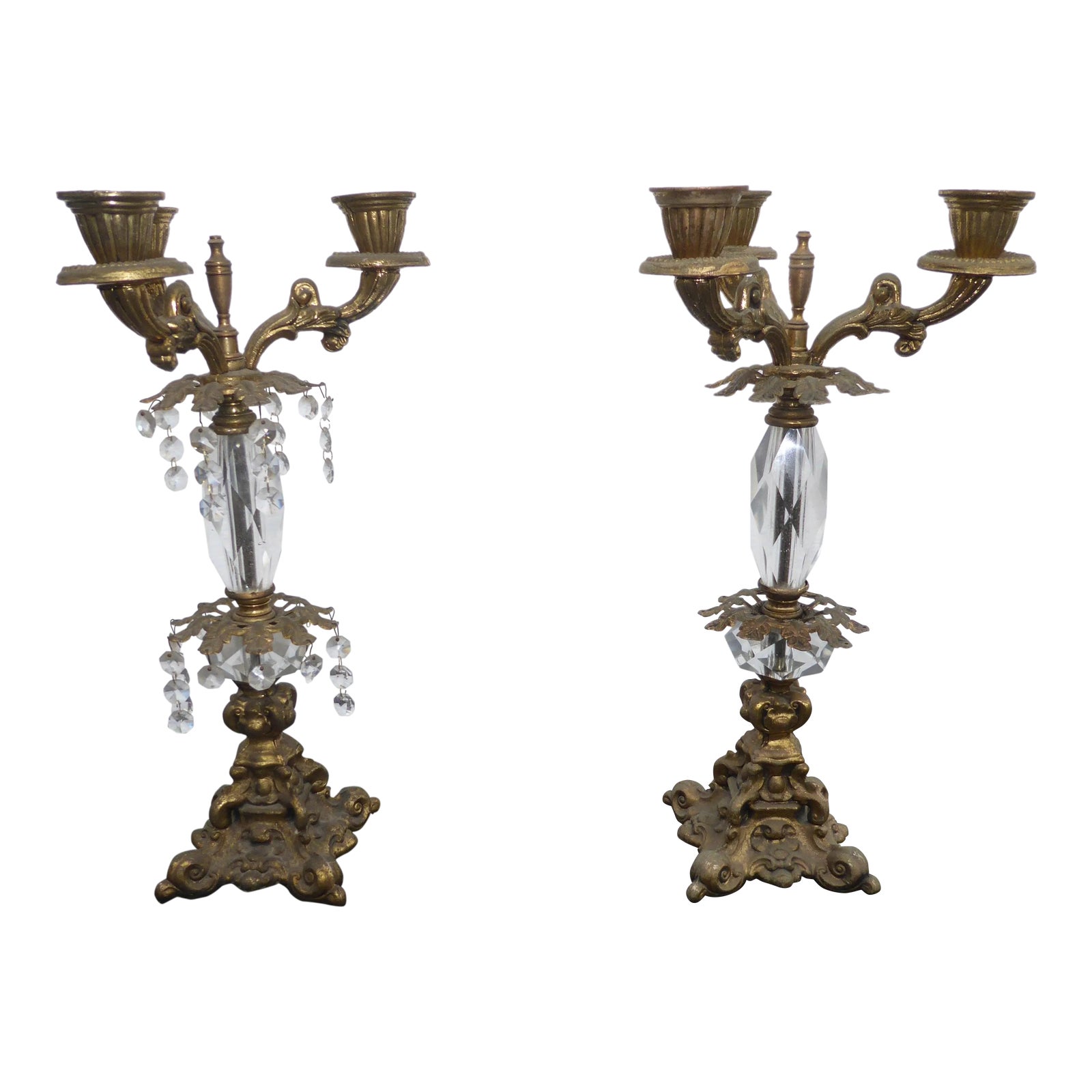 French Provincial Candalabras Candle Holders W/ Crystals a Pair