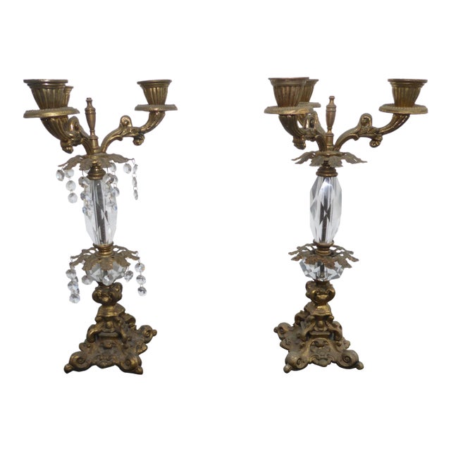 French Provincial Candalabras Candle Holders W/ Crystals - a Pair For Sale
