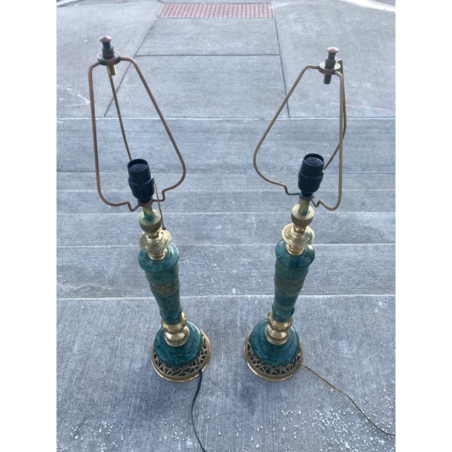Mid-Century Modern Japanese Bronze & Marble Column Table Lamps - a Pair For Sale - Image 3 of 13