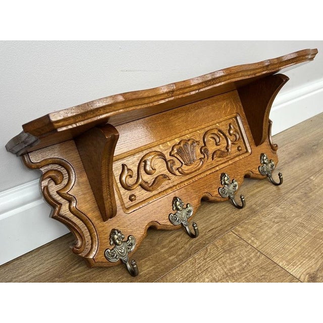 Vintage French Carved Oak 4-Hook Wall Coat Rack For Sale - Image 5 of 9