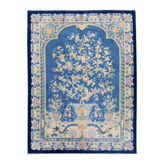 1920s Antique Chinese Art Deco Full Pile Tree of Life Floral Blues Hand Knotted Wool Rug - 8’11” X 11’9” For Sale