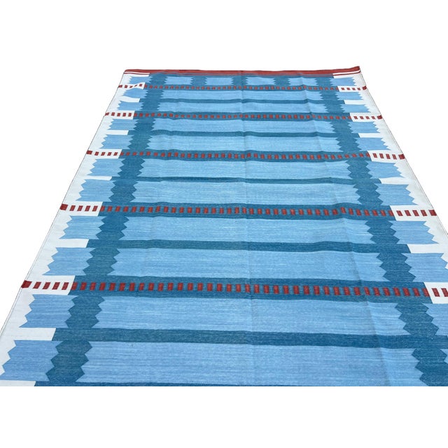 Sky Blue Handmade Cotton Flat Weave Area Rug, Sky Blue, Cream and Red Geometric Dhurrie - 12'x15' For Sale - Image 8 of 13
