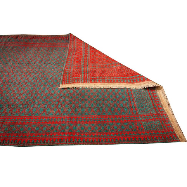 1950s Small Solid Green Modern Geometric Vintage Cotton Textile Ziloo Rug For Sale - Image 4 of 6