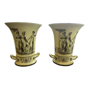 Vintage Pair of Italian Mottahedeh Yellow and Black Toile Handled Urn Vases, Planters - 1960s Italy