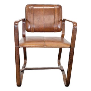 Brown Leather Buckle Lounge Chair With Curved Wooden Frame For Sale