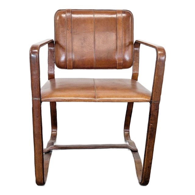 Brown Leather Buckle Lounge Chair With Curved Wooden Frame For Sale