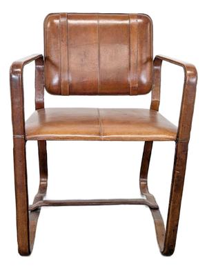 Brown Leather Buckle Lounge Chair With Curved Wooden Frame