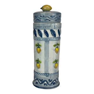 1980s Italian Mediterranean Lemon Motif Lidded Oval Ceramic Tall Pasta Canister. For Sale