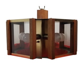 1970s Brass and Teak Wood Chandelier by Fredrick Raymond For Sale