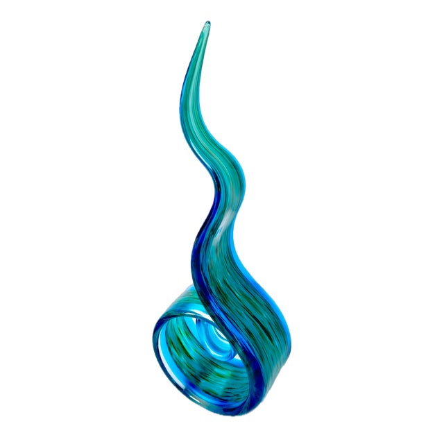 Vintage green and blue abstract ribbon glass sculpture with streaks of green and blue embedded in the glass. No maker's...