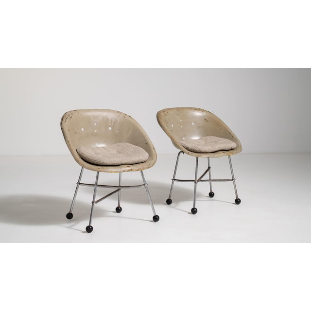 Metal Pair of Mid-Century Modern Upholstered Chairs, Antique, France, Circa 1960 For Sale - Image 7 of 13