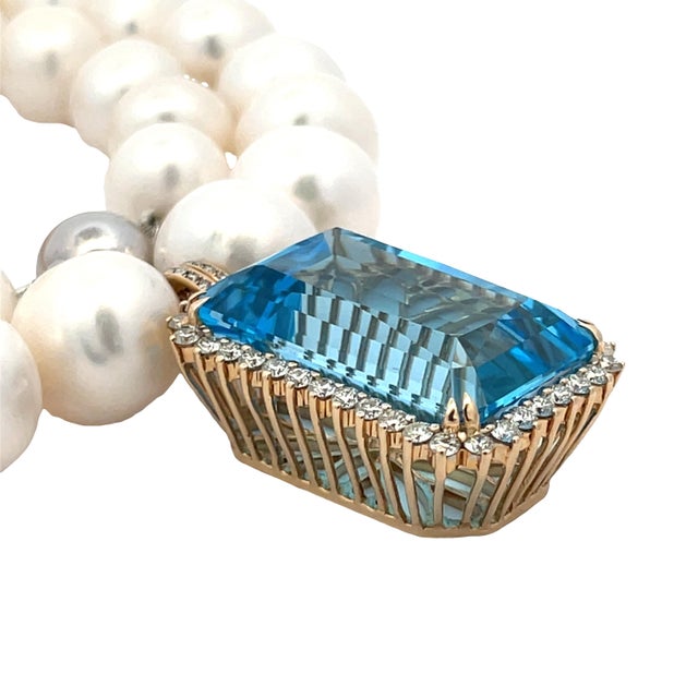 14k Gold 50.25 Carat Blue Topaz & 1.38 CTW Diamond Pendant Pearl Necklace For Sale - Image 10 of 14