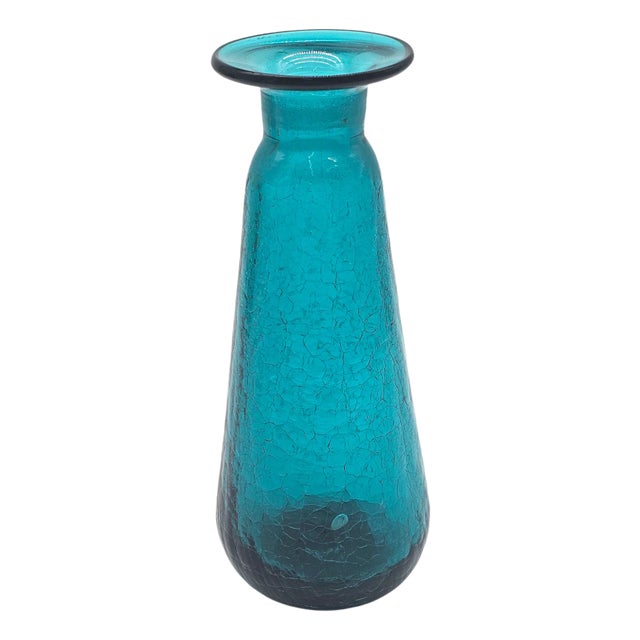 Mid-Century Modern Handblown Turquoise Crackle Glass Vase by Rainbow Glass Co. – 1960s Usa For Sale