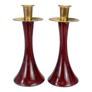 Mid-Century Atomic California Redwood Sculpted Candlestick Holders - a Pair