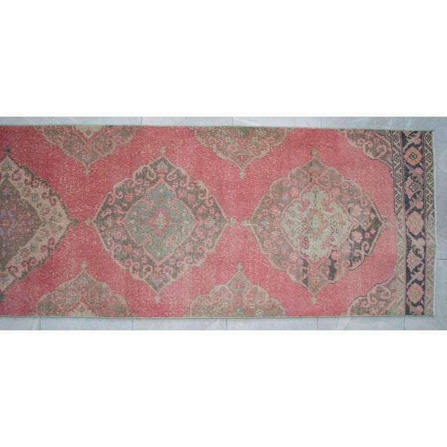 Vintage Turkish Runner Rug Hand-Knotted Coral Pink Hallway Runner Authentic Oushak Rug 3x13 Ft Approx For Sale - Image 10 of 13