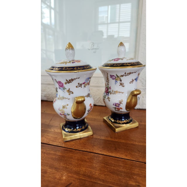 Vintage Continental Cobalt & Gilt Porcelain Covered Urns, Sèvres Style — A Pair For Sale - Image 18 of 18